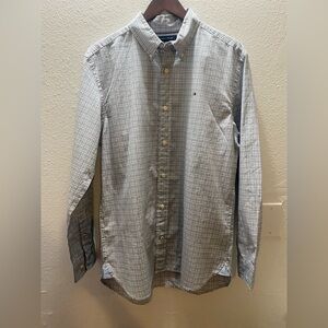 Tommy Hilfiger Men's Large Blue Gray Plaid Button-Down Shirt Cotton